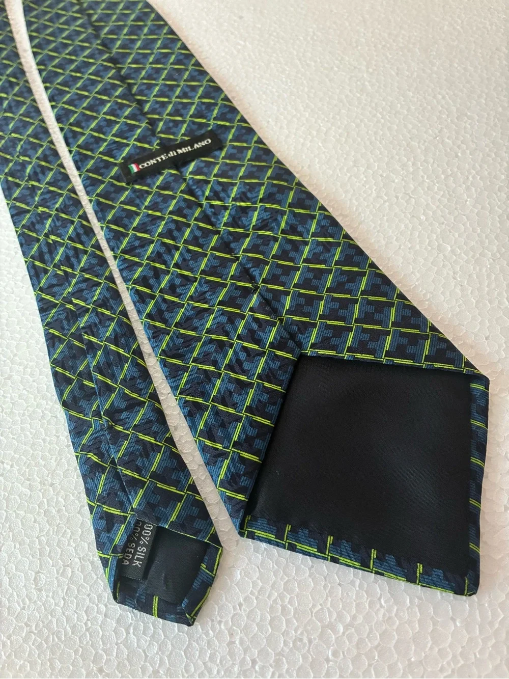 Conte di Milano 100% Silk Navy Tie with Bright Lime Geometric Grid